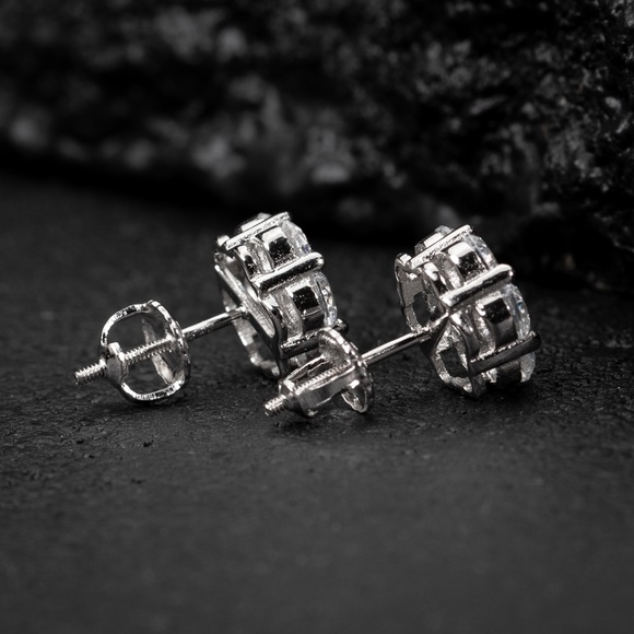 Iced White Gold Cluster 925 Sterling Silver Best Flower Screw Back Stud Earrings - Picture 4 of 5